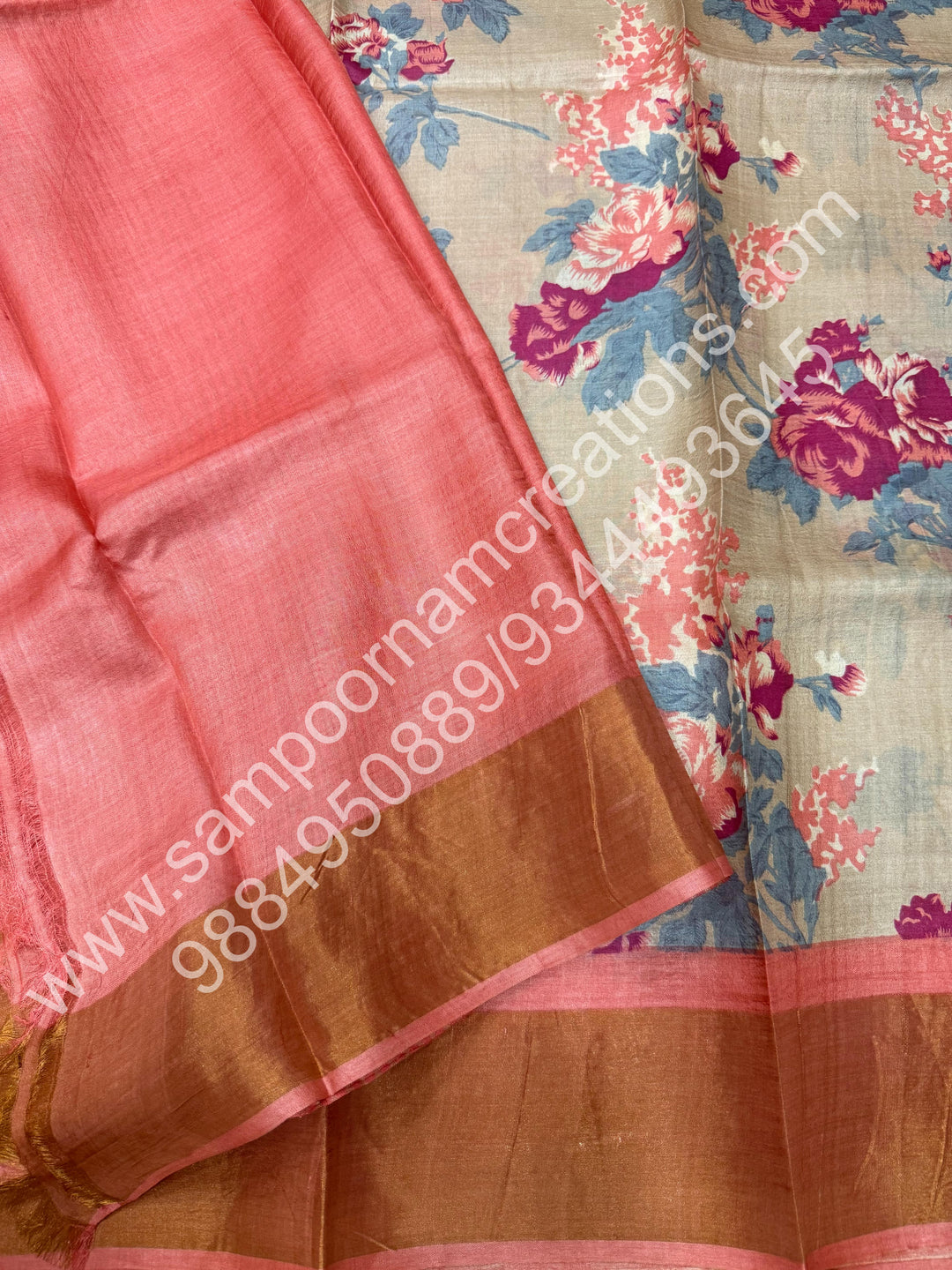 Beige with Peachish Pink, Floral Printed , Pure Tussar Silk Saree