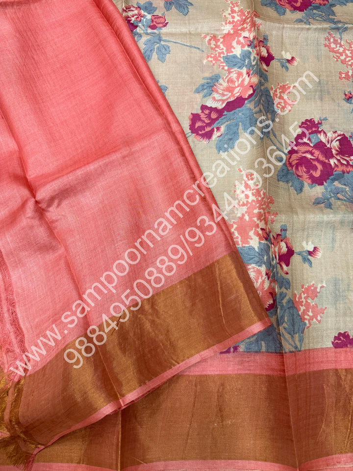 Beige with Peachish Pink, Floral Printed , Pure Tussar Silk Saree