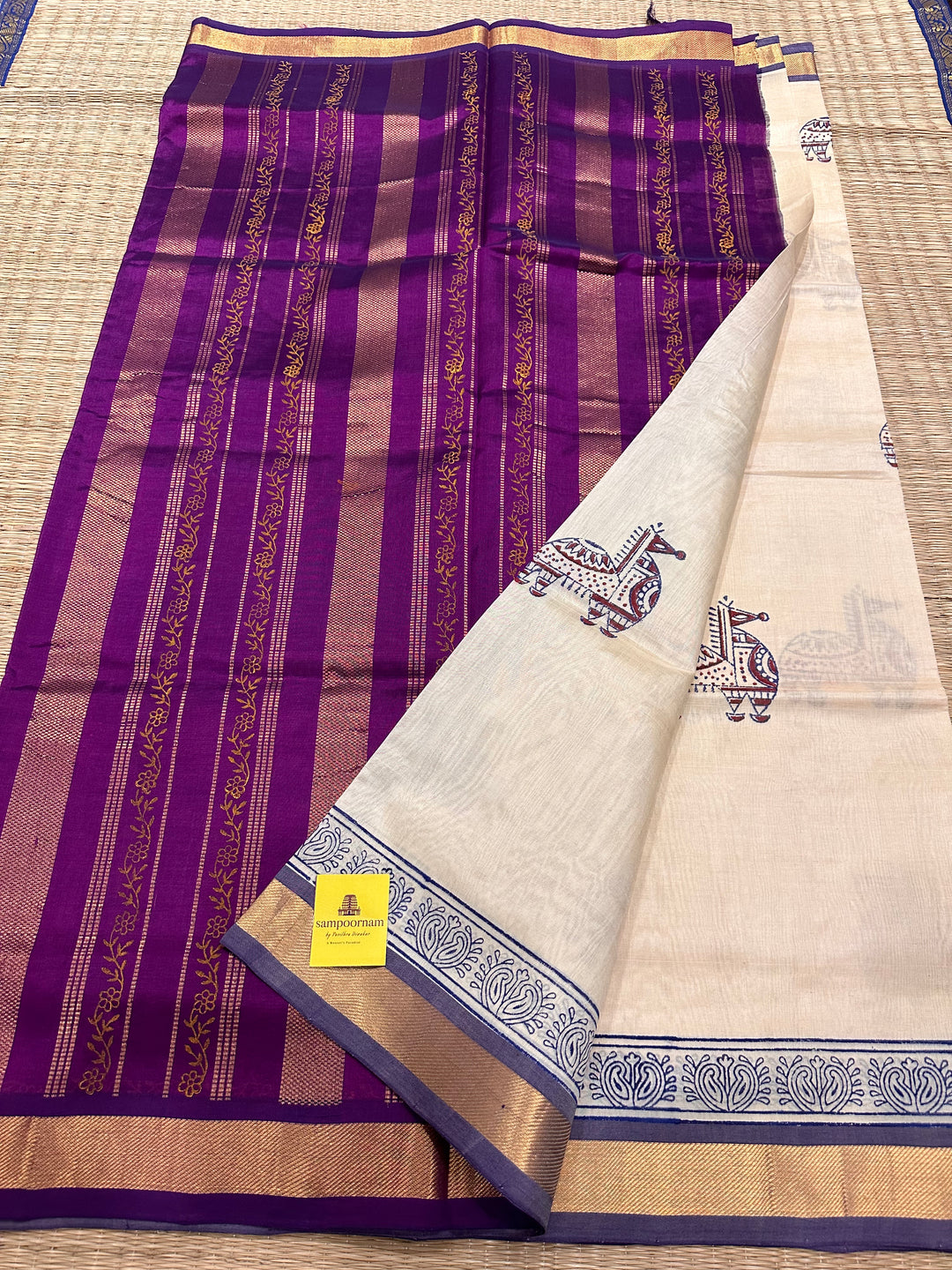 Offwhite with Purple Handblock Printed Silk Cotton Saree