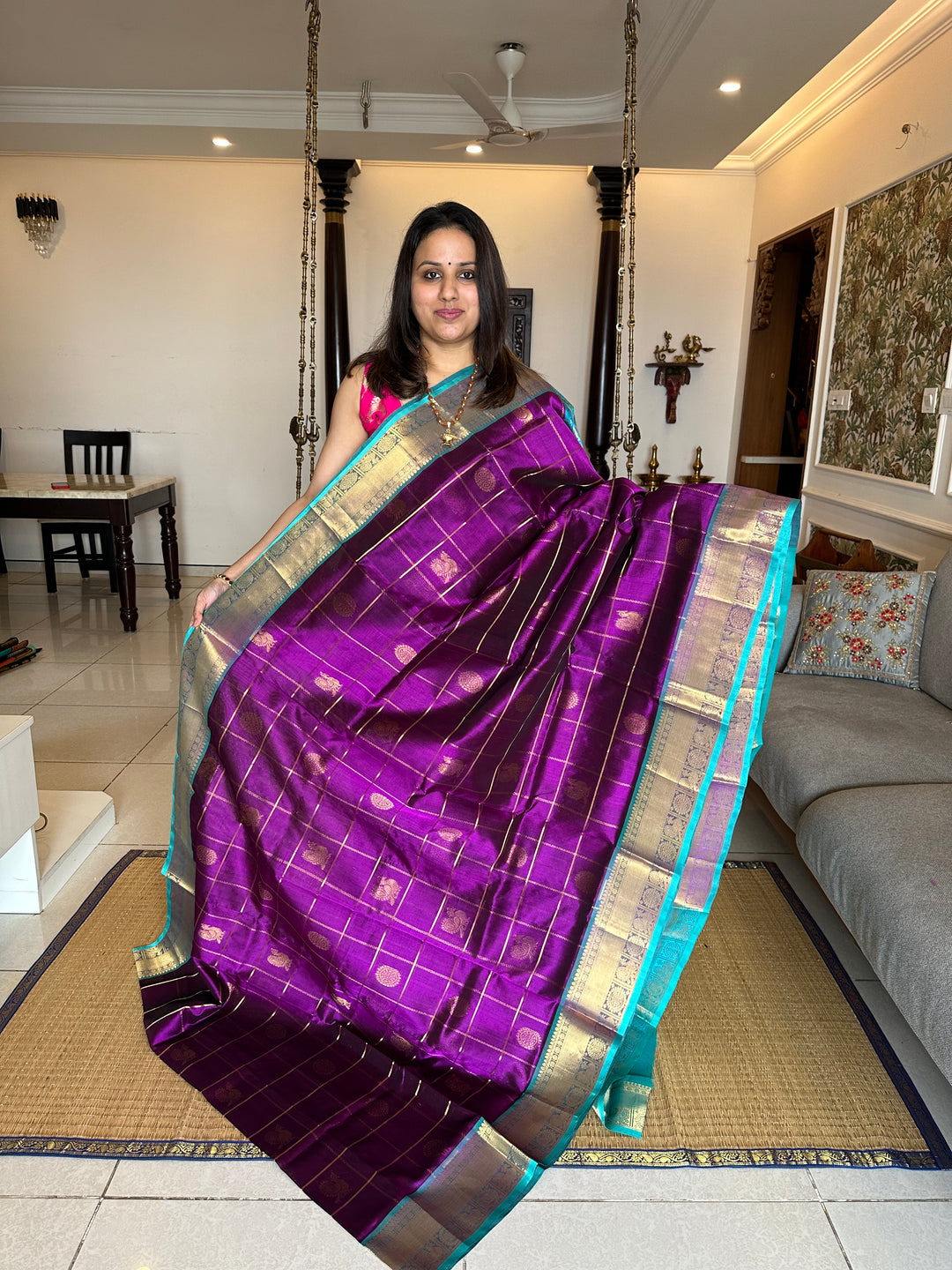 Purple with Blue Mayil Chakram Silk Cotton Saree