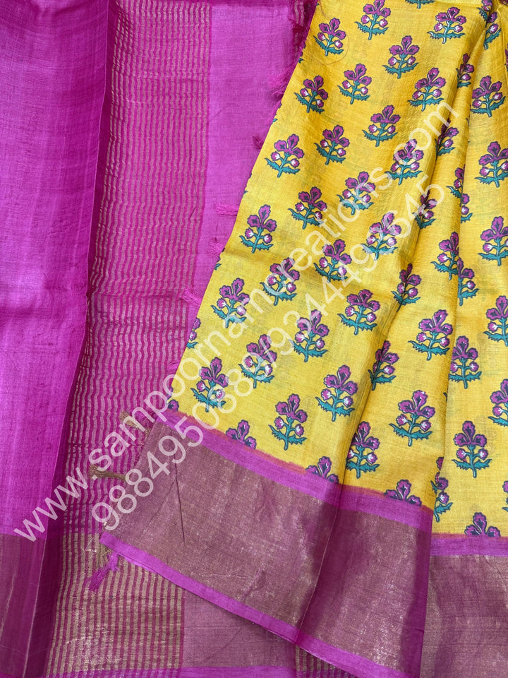 Yellow with Magenta , Handblock Printed, Pure Tussar Silk Saree