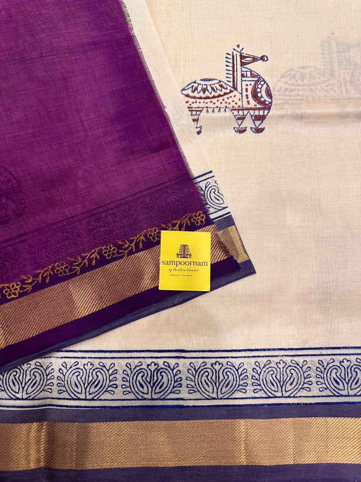 Offwhite with Purple Handblock Printed Silk Cotton Saree