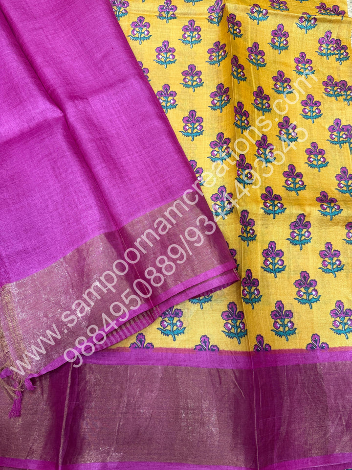 Yellow with Magenta , Handblock Printed, Pure Tussar Silk Saree