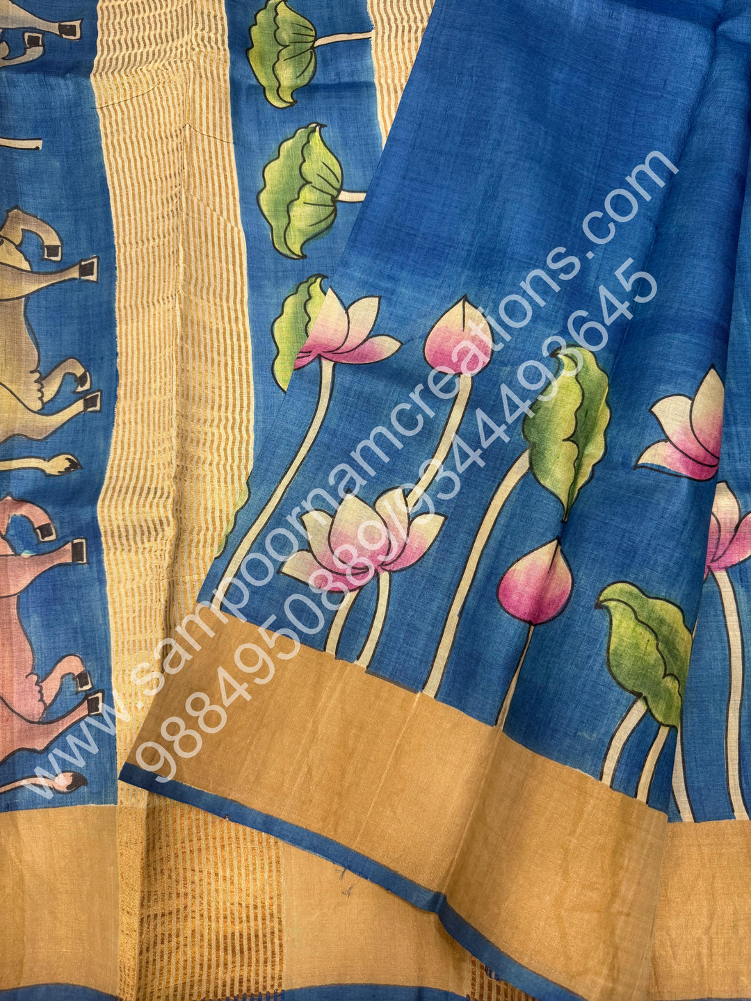 Blue, with Pichwai Handpainted, Pure Tussar Silk Saree