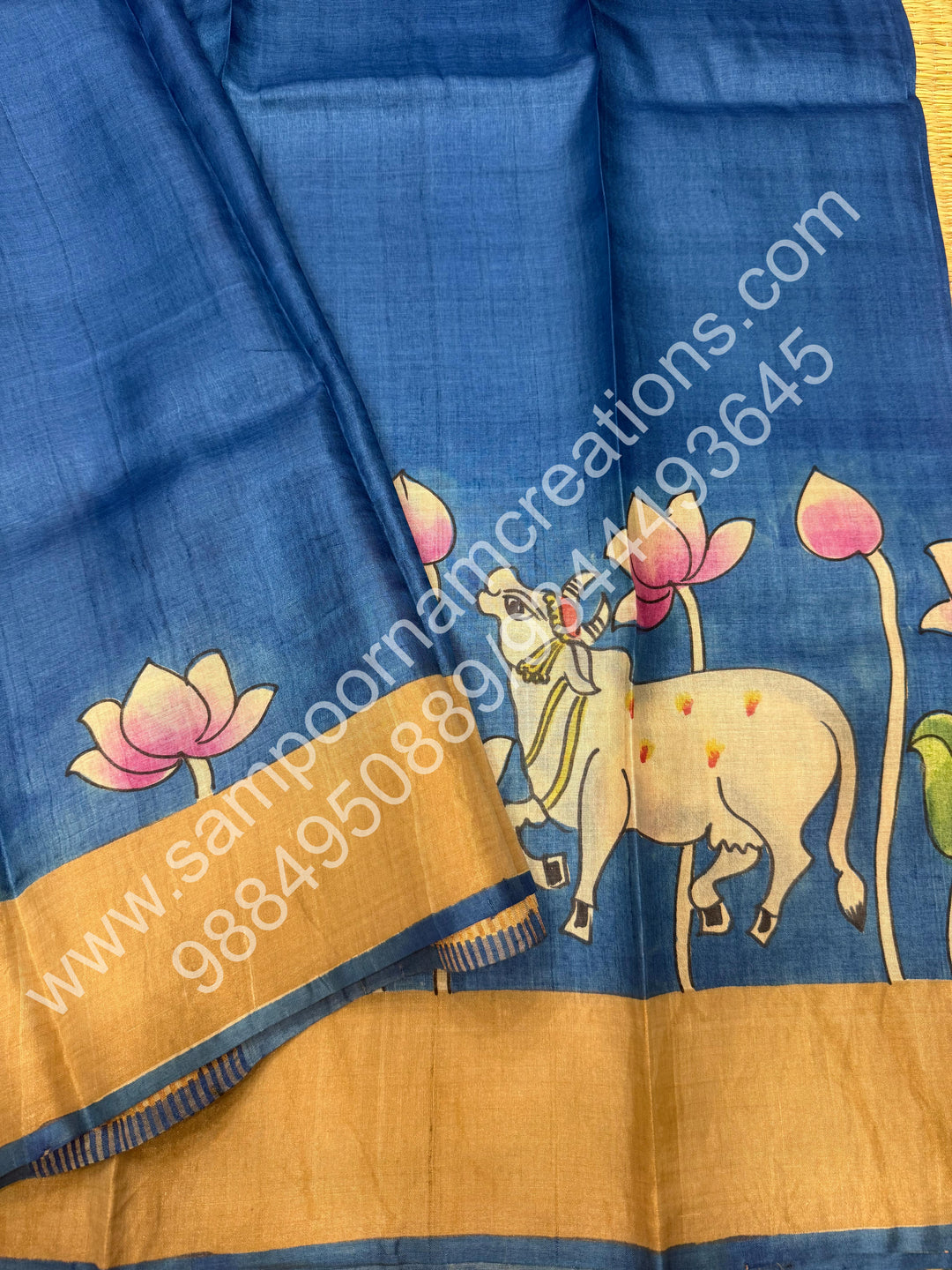 Blue, with Pichwai Handpainted, Pure Tussar Silk Saree