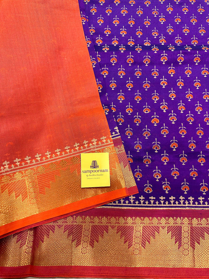 Purple with Orange Handblock Printed Silk Cotton Saree