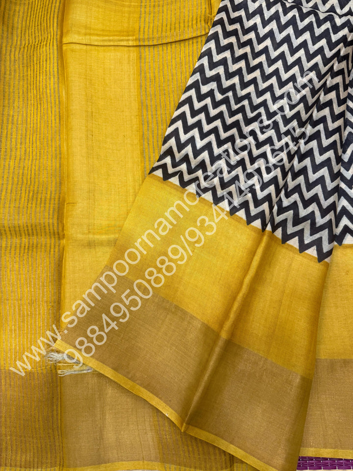 Fenugreek with Offwhite, Geometrical Prints in the Body, Pure Tussar Silk Saree