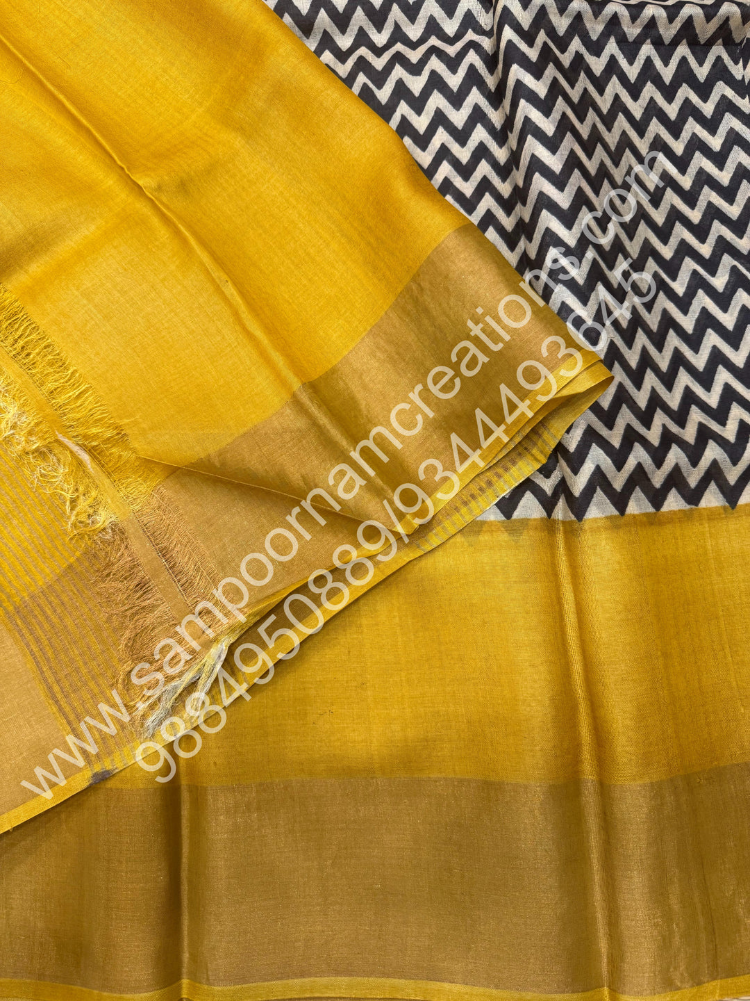 Fenugreek with Offwhite, Geometrical Prints in the Body, Pure Tussar Silk Saree