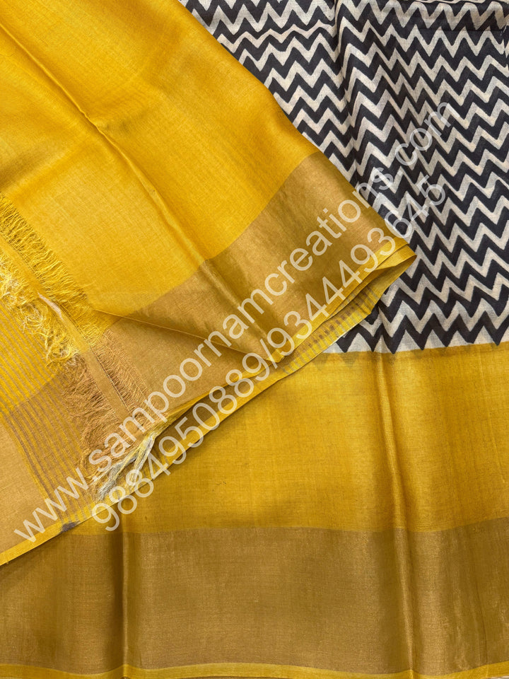 Fenugreek with Offwhite, Geometrical Prints in the Body, Pure Tussar Silk Saree