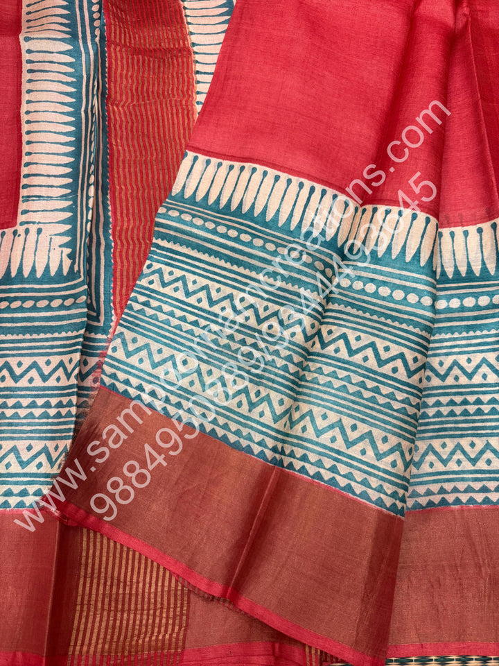 Rust Orange with Blue, Handblock Printed, Pure Tussar Silk Saree