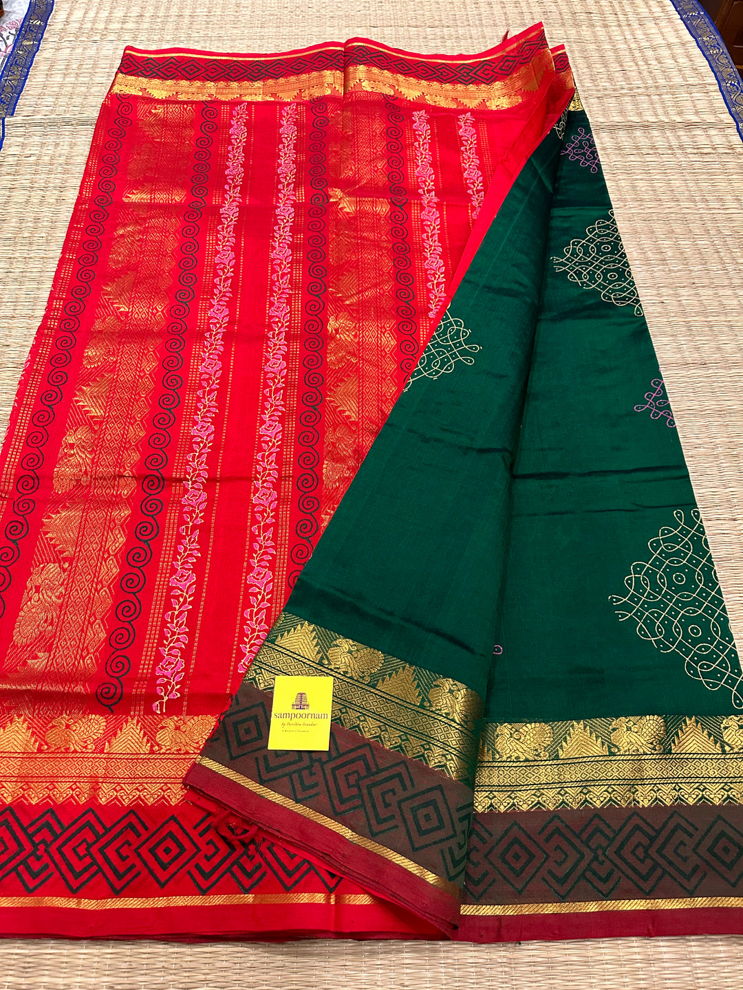 Green with Red Kolam Handblock Printed Silk Cotton Saree