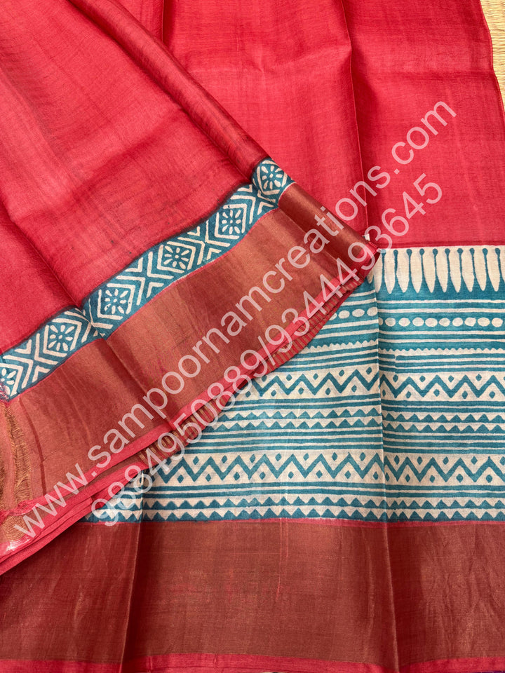 Rust Orange with Blue, Handblock Printed, Pure Tussar Silk Saree