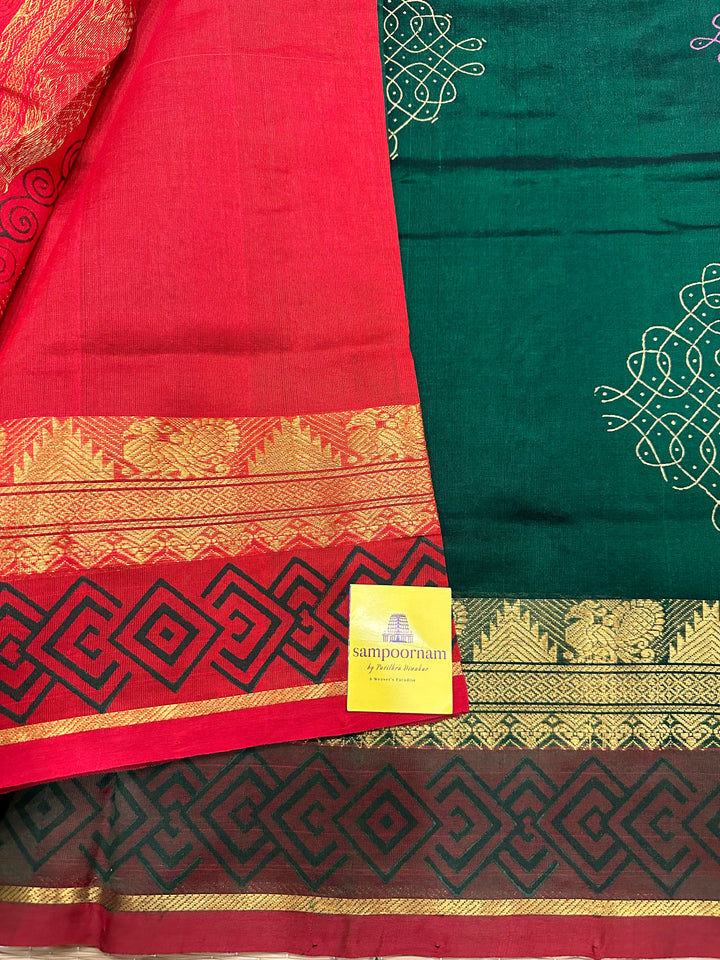 Green with Red Kolam Handblock Printed Silk Cotton Saree