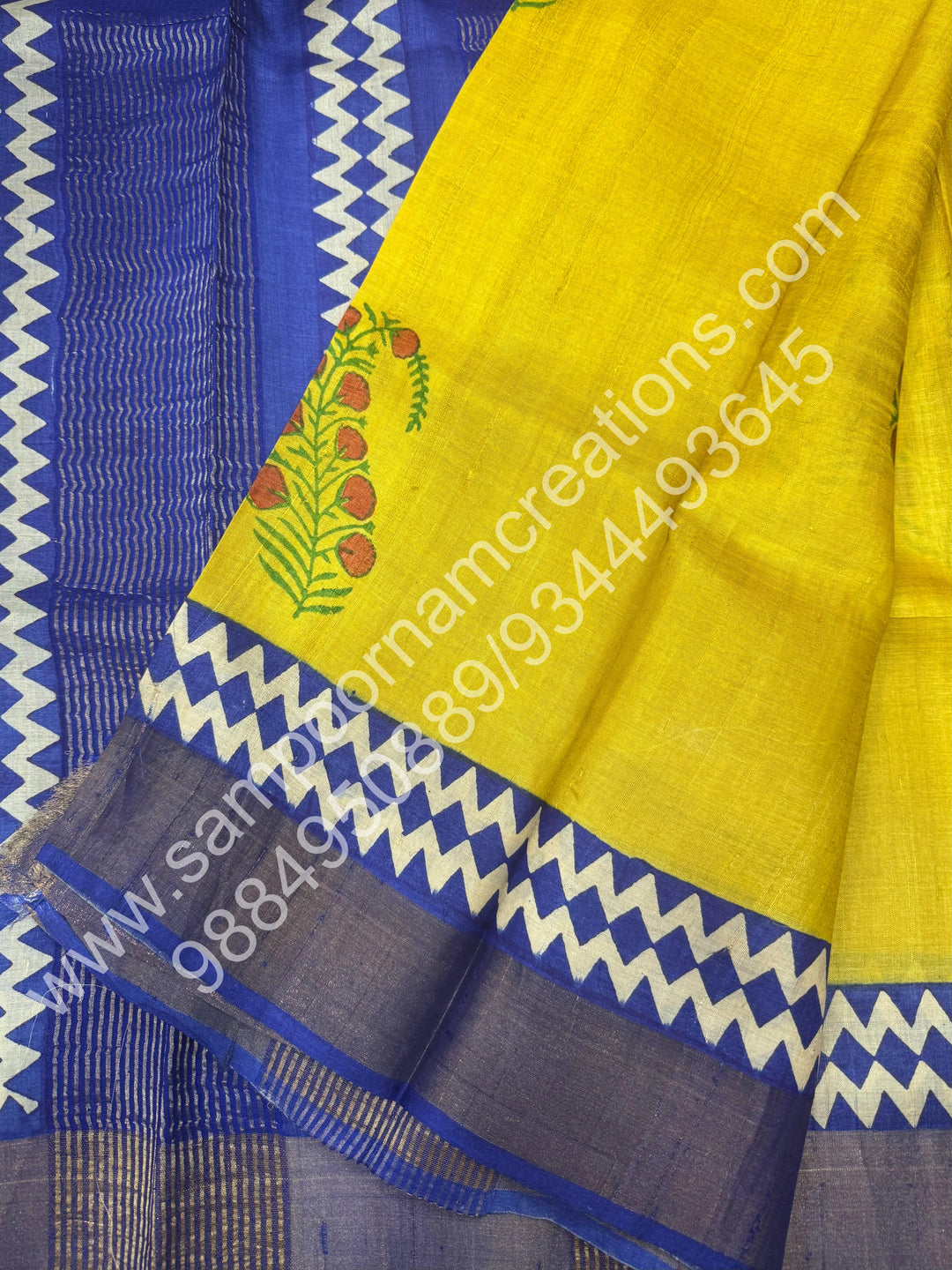 Yellow with Blue Handblock Printed, Pure Tussar Silk Saree