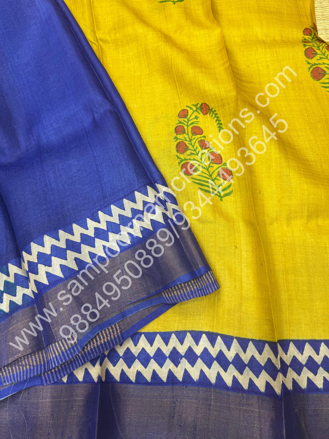 Yellow with Blue Handblock Printed, Pure Tussar Silk Saree