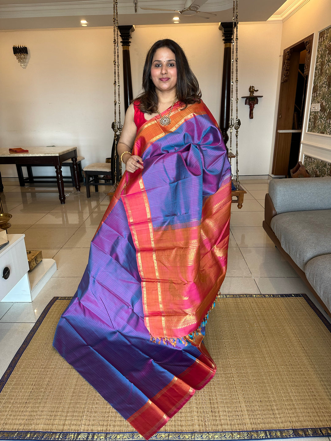 A Traditional Lavender with Pinkish Orange Body Checks Rettapet Kanjivaram Silk Saree with Kalakshetra Kili Pallu