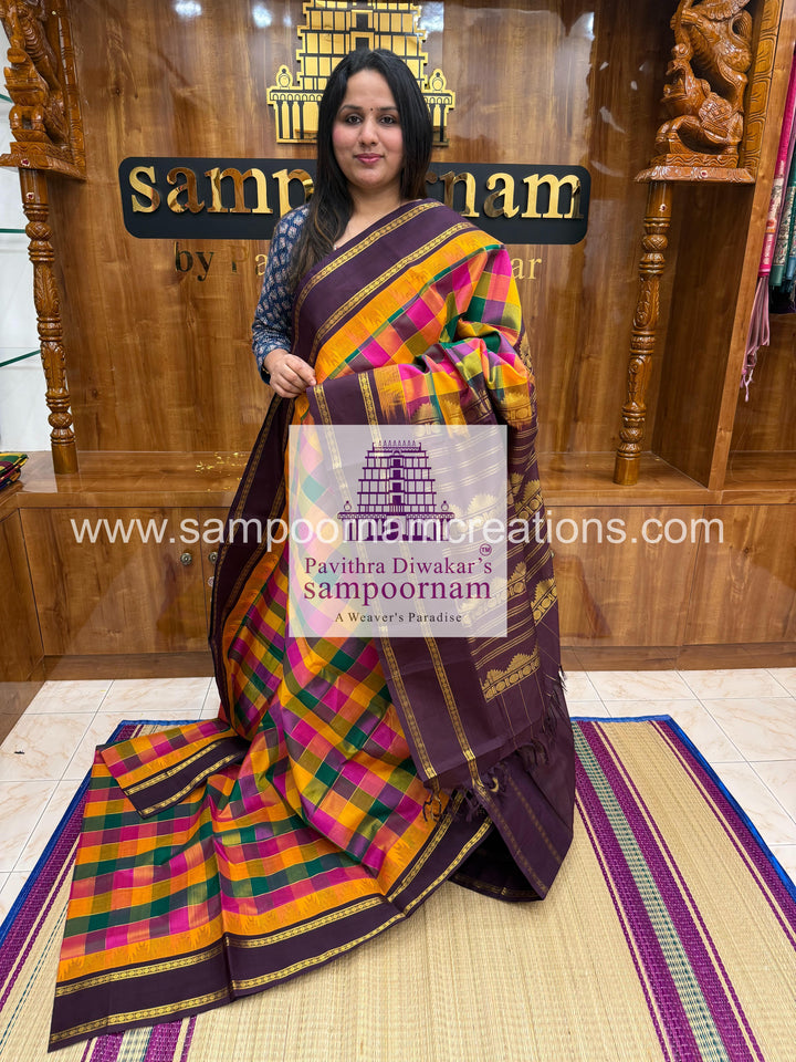 Multi colour with Dark Brown ,rettapet Rudraksh border and grand Pallu Korvai Silk Cotton Saree