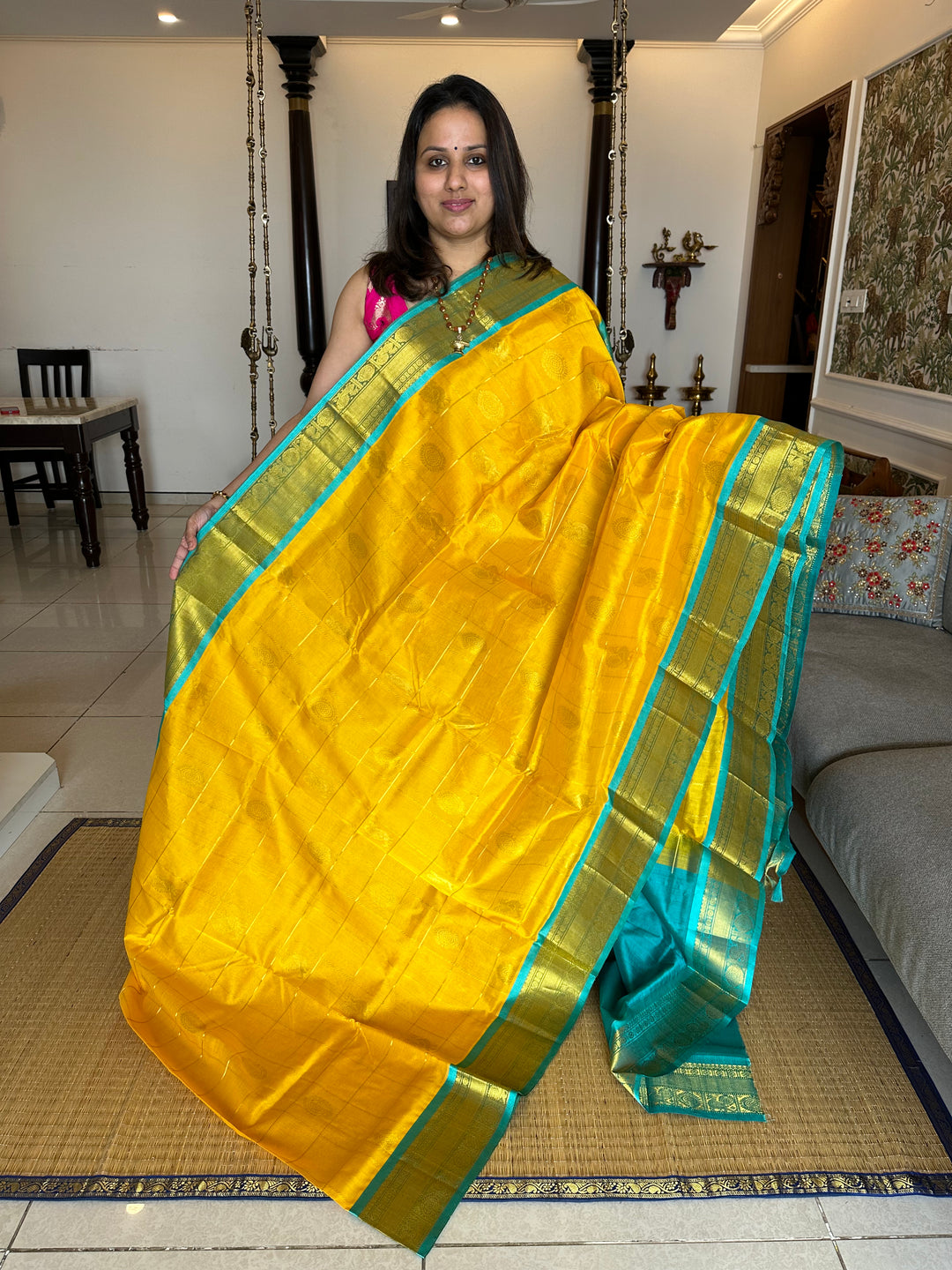 Yellow with Turquoise Blue Mayil Chakram Silk Cotton Saree