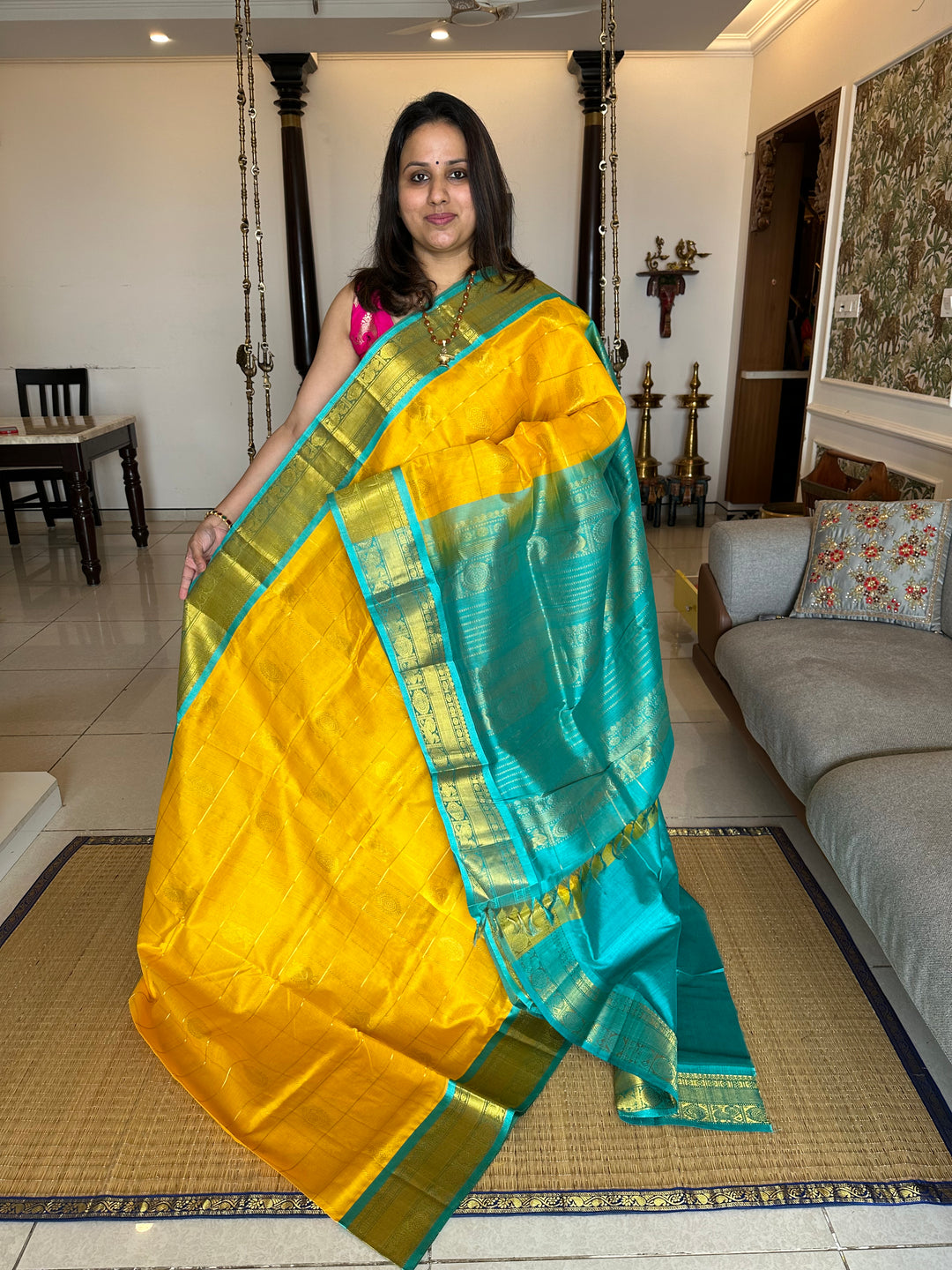 Yellow with Turquoise Blue Mayil Chakram Silk Cotton Saree