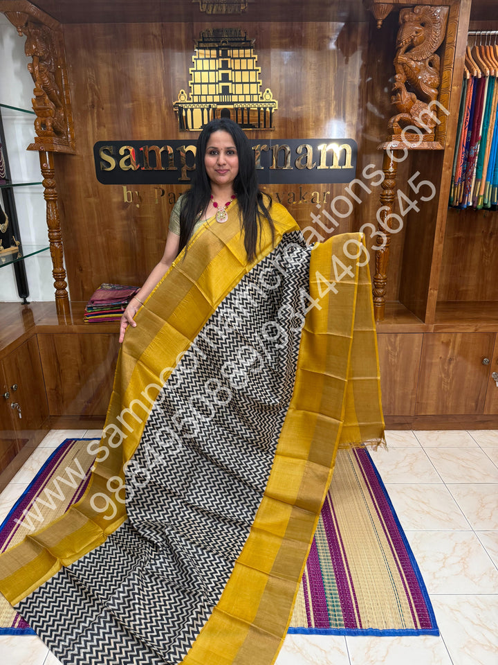 Fenugreek with Offwhite, Geometrical Prints in the Body, Pure Tussar Silk Saree