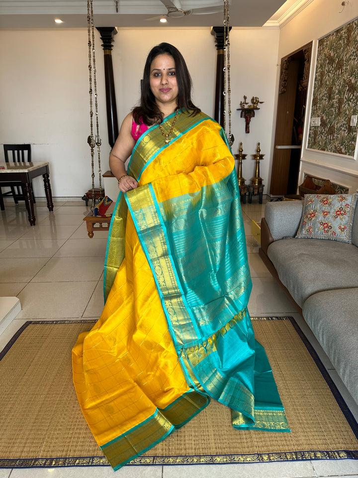 Yellow with Turquoise Blue Mayil Chakram Silk Cotton Saree