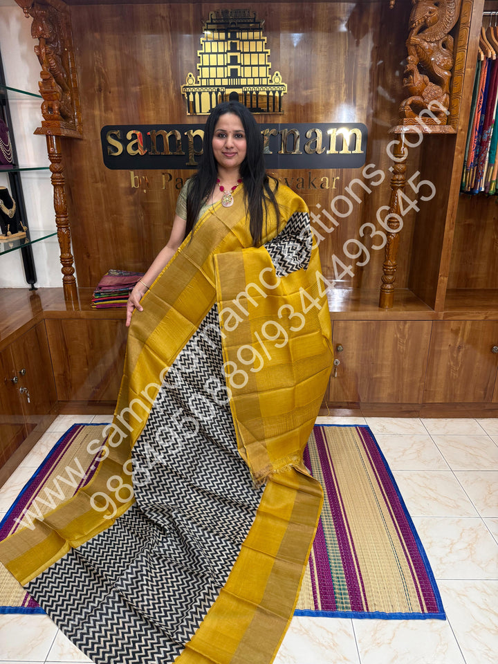 Fenugreek with Offwhite, Geometrical Prints in the Body, Pure Tussar Silk Saree