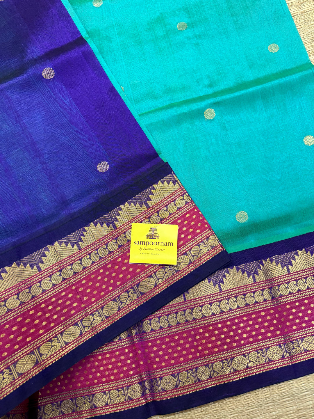 Ramar Blue with Blue , Lakshadeepam rich kanchi border , rich Zari butta in the body , traditional Pallu , Korvai Silk Cotton Saree