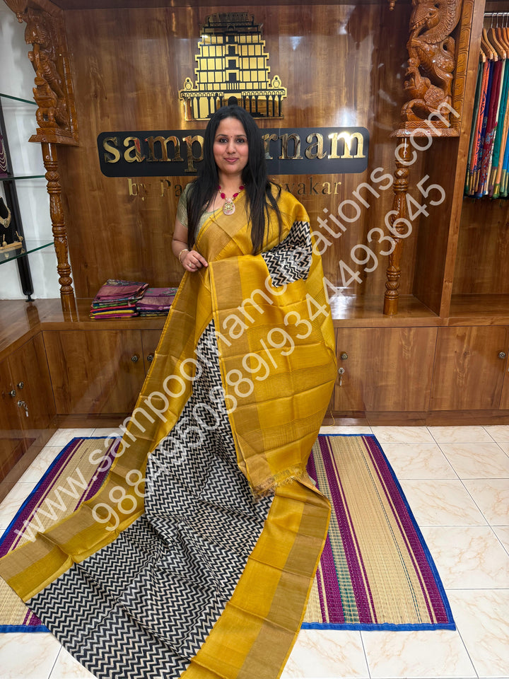 Fenugreek with Offwhite, Geometrical Prints in the Body, Pure Tussar Silk Saree
