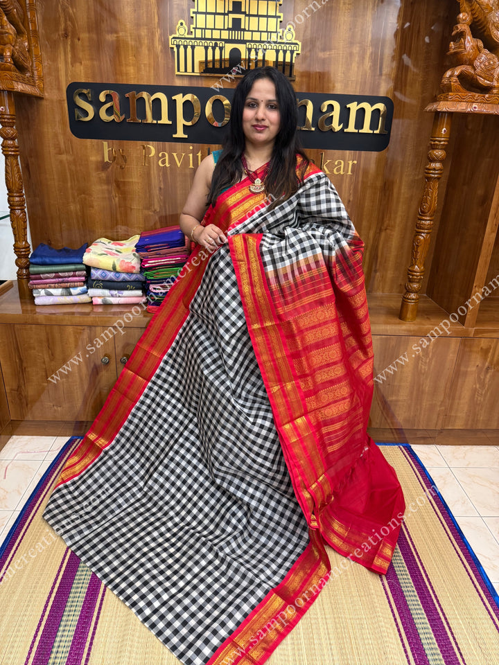 Black , White with Red  , Pallum Pazham Kattam , Rettapet borders  and  rich Pallu Korvai Silk Cotton Saree
