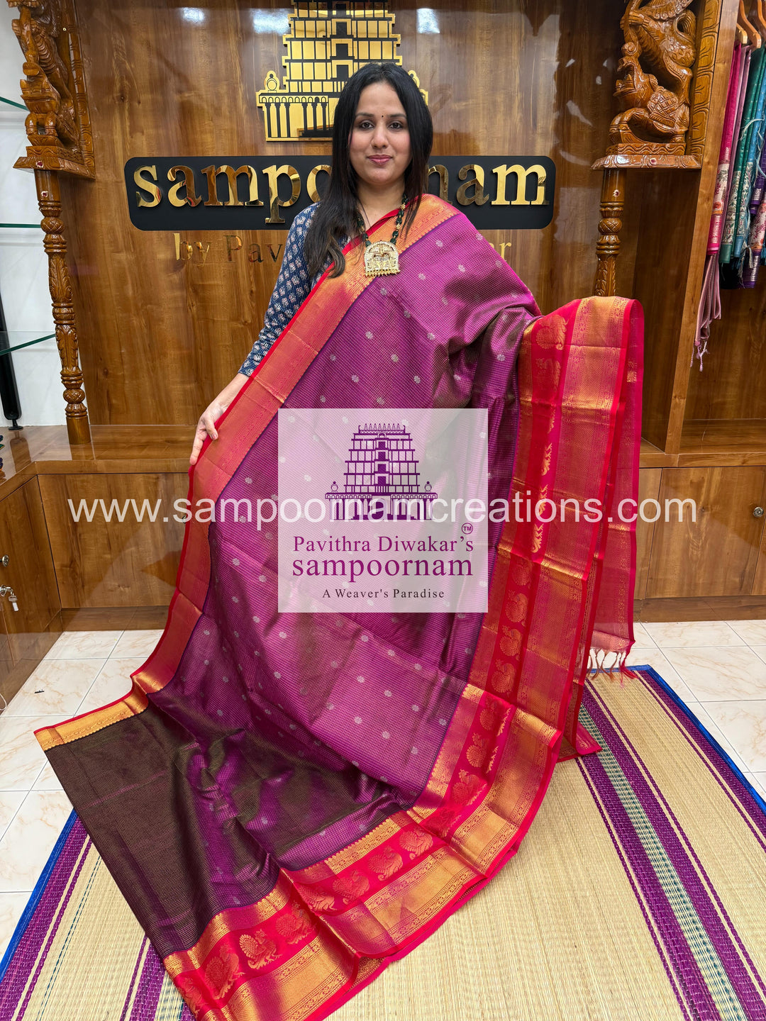 Purple with Pink , Zari Podi Kattam in the body , one side big Satin border with Annam motif , traditional border and rich Pallu Korvai Silk Cotton Saree