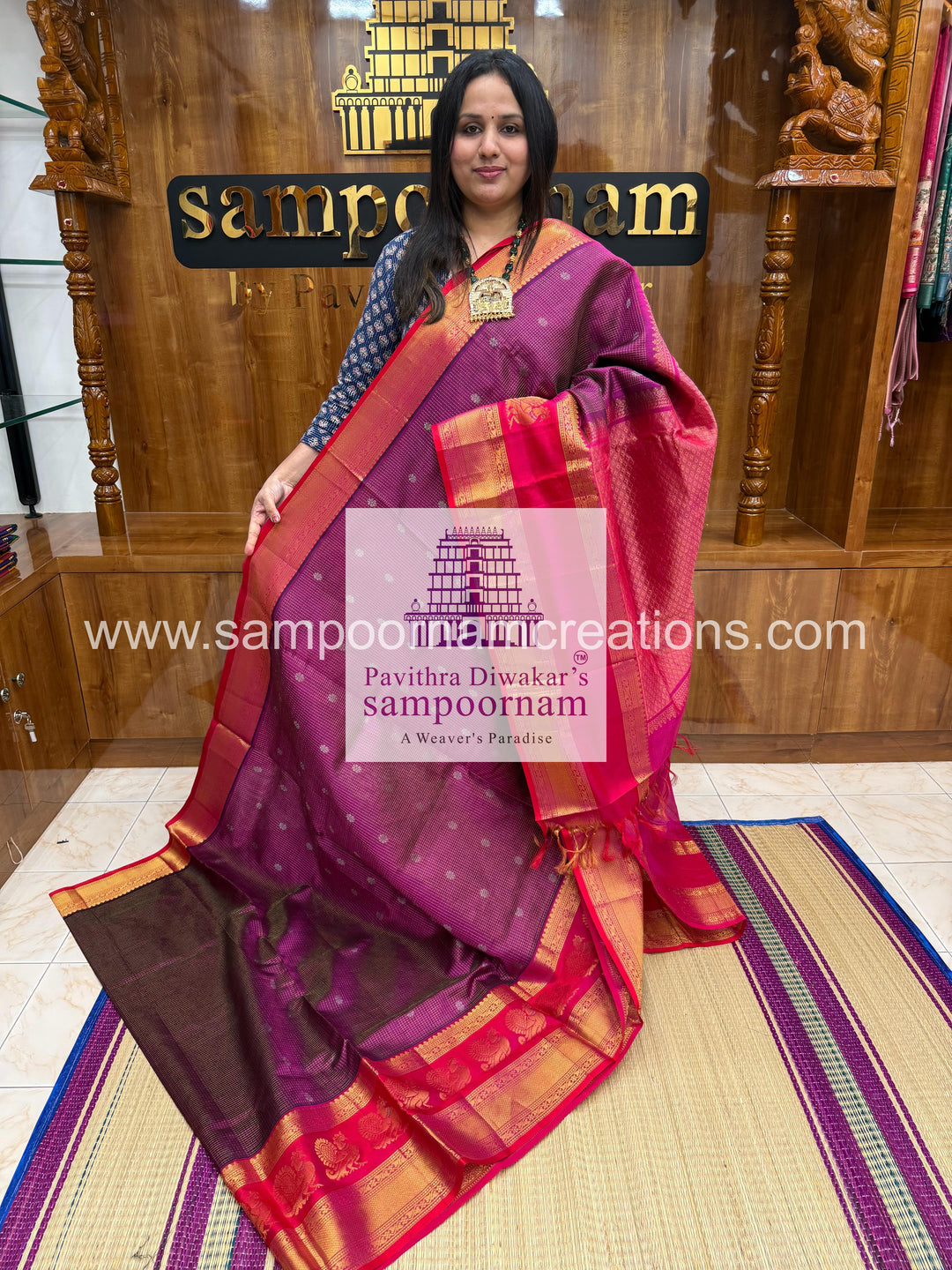 Purple with Pink , Zari Podi Kattam in the body , one side big Satin border with Annam motif , traditional border and rich Pallu Korvai Silk Cotton Saree