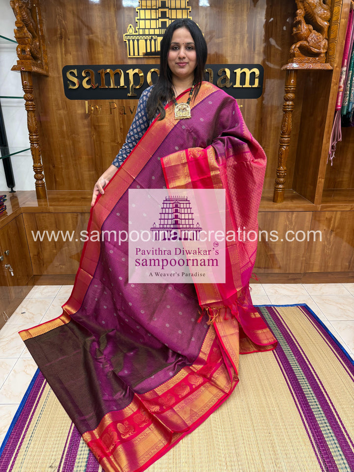 Purple with Pink , Zari Podi Kattam in the body , one side big Satin border with Annam motif , traditional border and rich Pallu Korvai Silk Cotton Saree