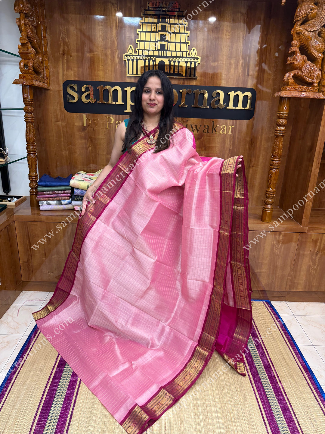 Baby Pink with Pink , Rich Zari checks in the body ,traditional borders ,  grand Pallu Korvai Silk Cotton Saree