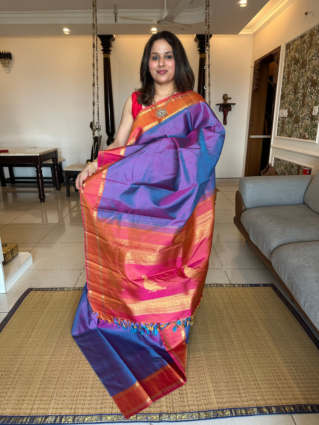 A Traditional Lavender with Pinkish Orange Body Checks Rettapet Kanjivaram Silk Saree with Kalakshetra Kili Pallu