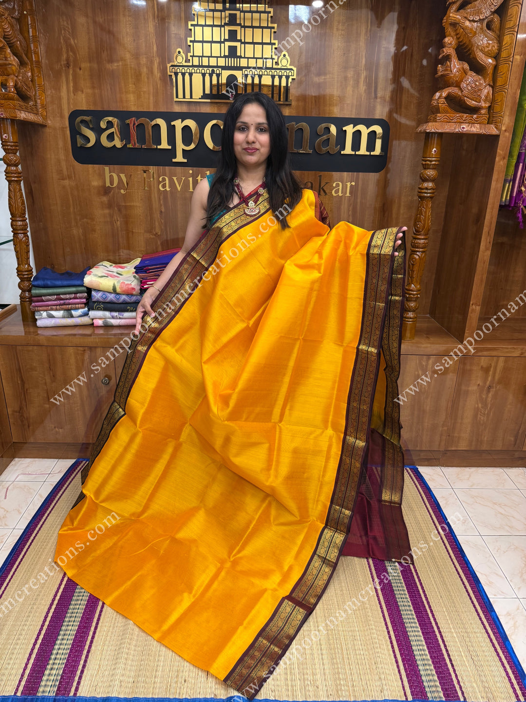 Mambazha Manjal with Arakku  , Traditional borders and Rich Pallu Korvai Silk Cotton Saree