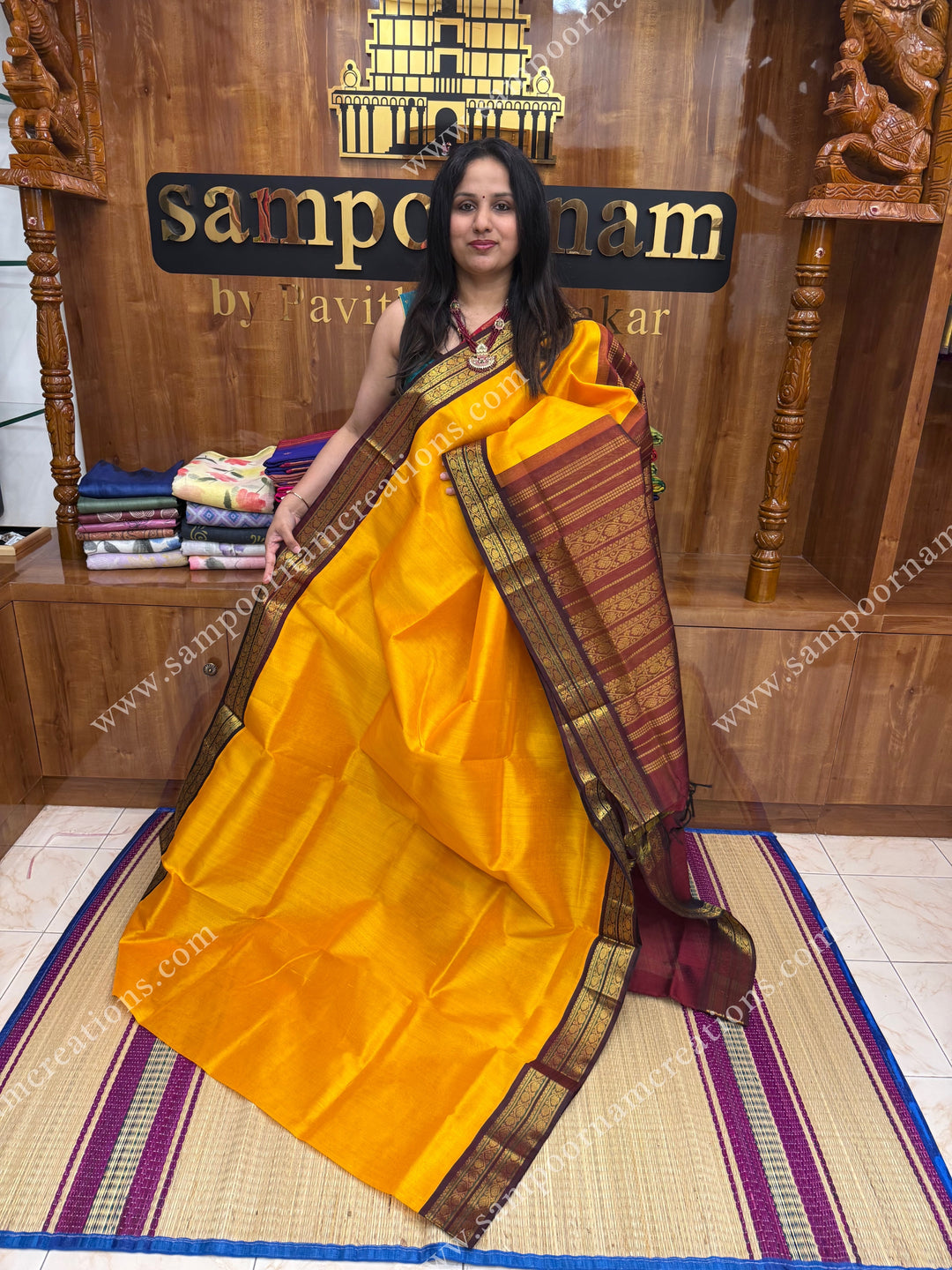 Mambazha Manjal with Arakku  , Traditional borders and Rich Pallu Korvai Silk Cotton Saree
