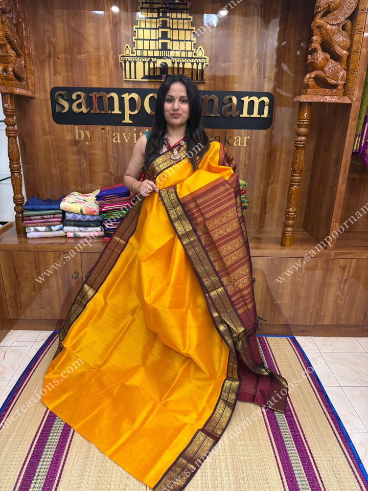 Mambazha Manjal with Arakku  , Traditional borders and Rich Pallu Korvai Silk Cotton Saree