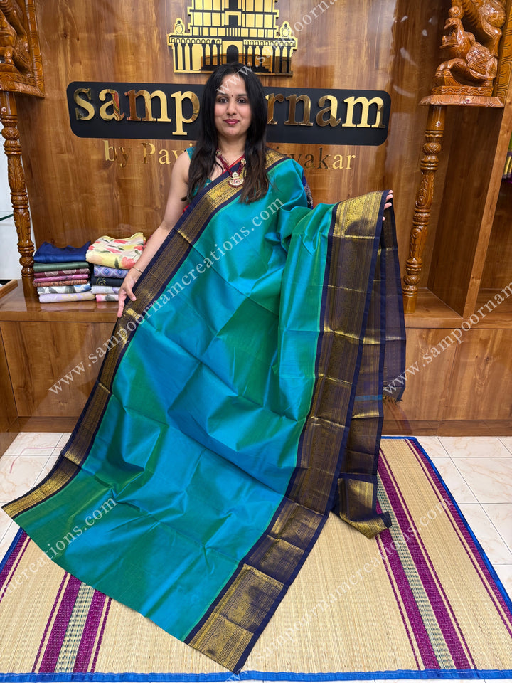 Double Shaded Blue with Dark Blue  , traditional One side big Kanchi border , grand Pallu Korvai Silk Cotton Saree