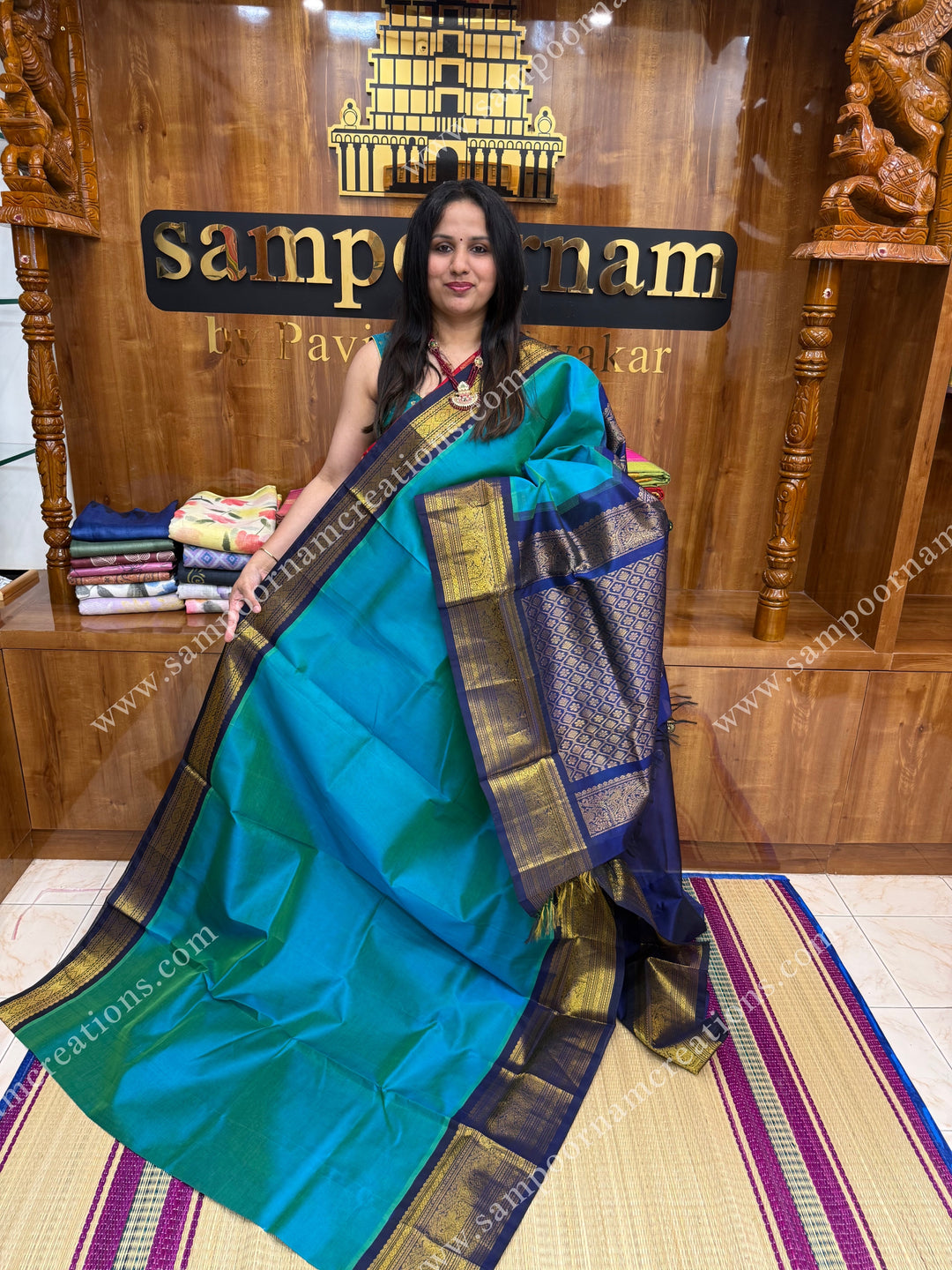 Double Shaded Blue with Dark Blue  , traditional One side big Kanchi border , grand Pallu Korvai Silk Cotton Saree