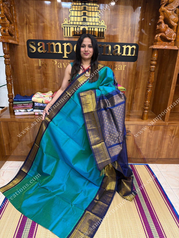 Double Shaded Blue with Dark Blue  , traditional One side big Kanchi border , grand Pallu Korvai Silk Cotton Saree