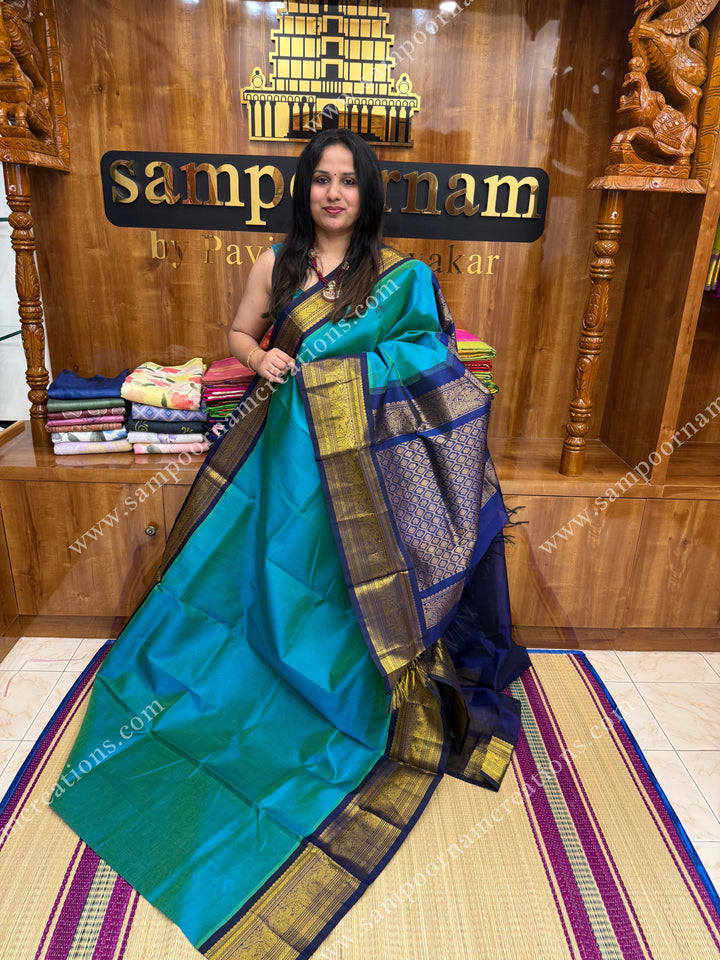 Double Shaded Blue with Dark Blue  , traditional One side big Kanchi border , grand Pallu Korvai Silk Cotton Saree