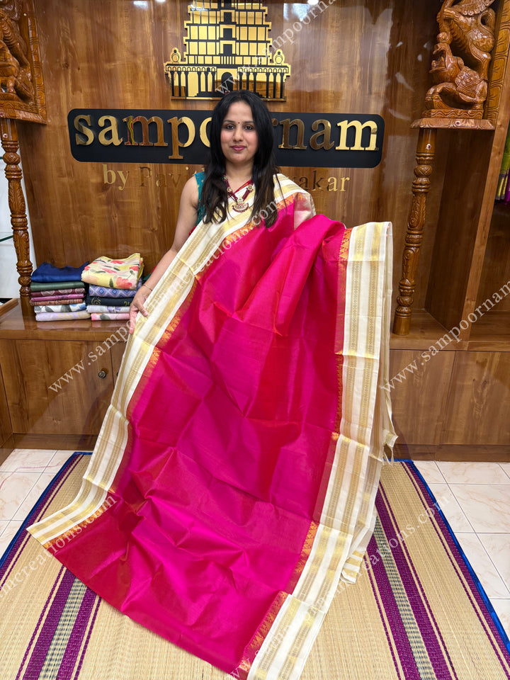 Pink with Offwhite , Vairaoosi Zari lines in the body  and  rettapet borders  , rich Pallu Korvai Silk Cotton Saree