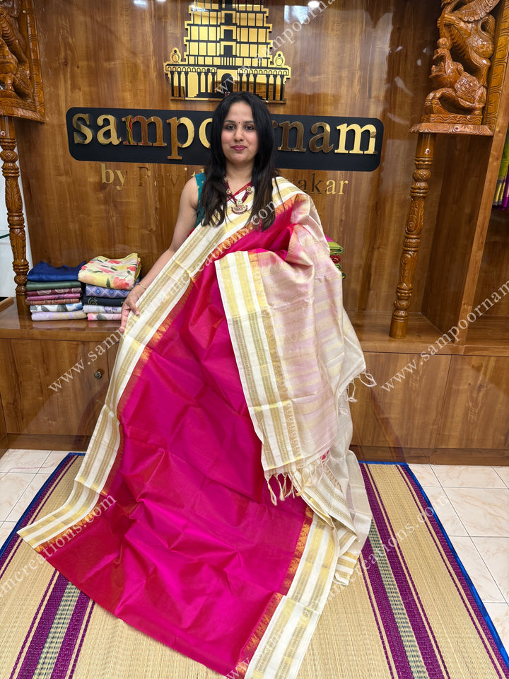 Pink with Offwhite , Vairaoosi Zari lines in the body  and  rettapet borders  , rich Pallu Korvai Silk Cotton Saree