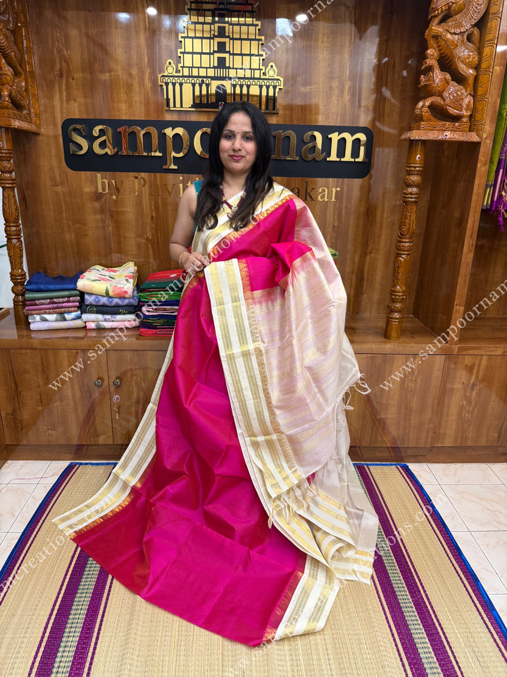 Pink with Offwhite , Vairaoosi Zari lines in the body  and  rettapet borders  , rich Pallu Korvai Silk Cotton Saree