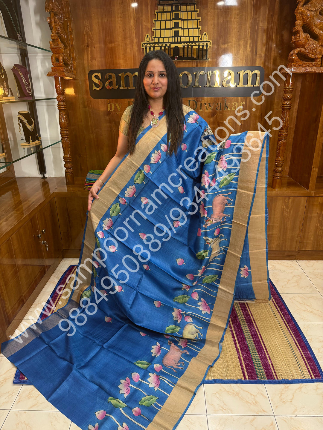 Blue, with Pichwai Handpainted, Pure Tussar Silk Saree