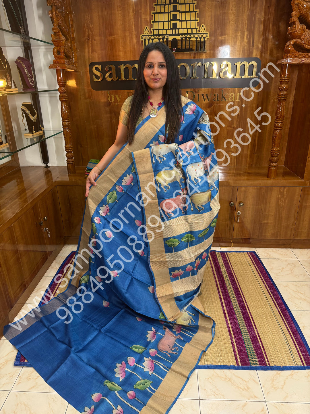 Blue, with Pichwai Handpainted, Pure Tussar Silk Saree