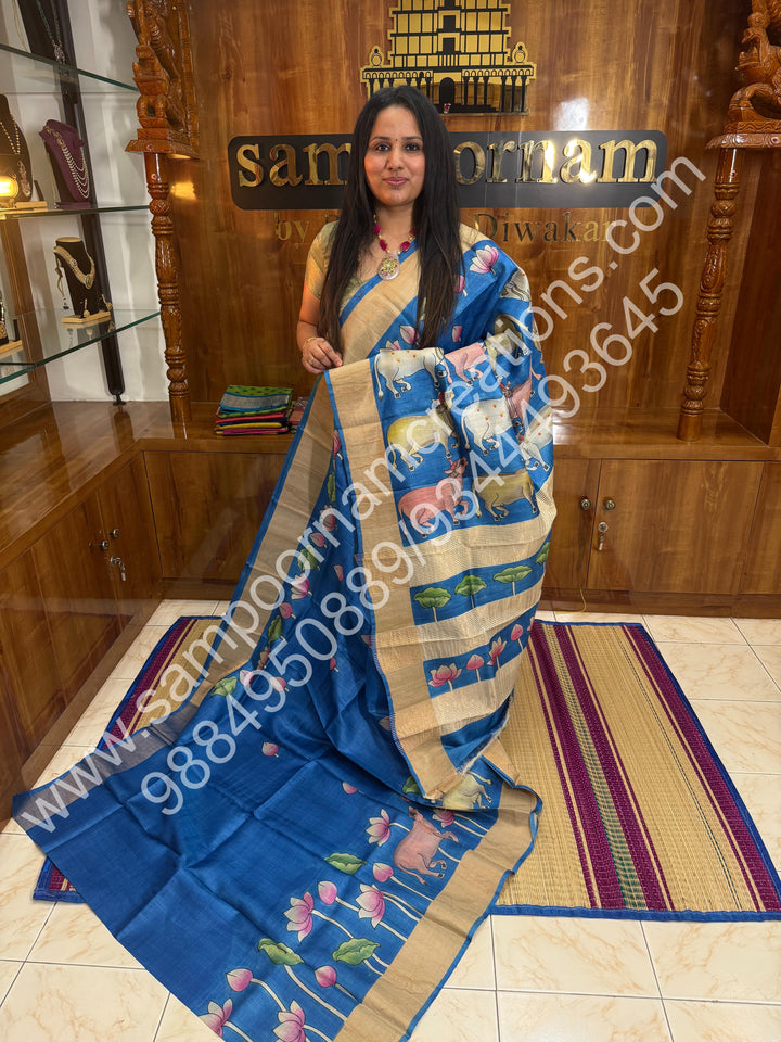 Blue, with Pichwai Handpainted, Pure Tussar Silk Saree