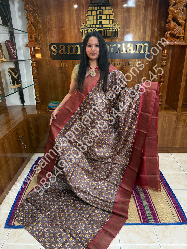 Grey with Brick red, Floral Handblock Printed , Pure Tussar Silk Saree