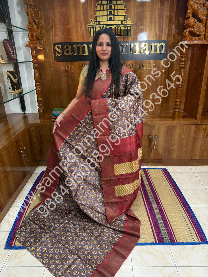 Grey with Brick red, Floral Handblock Printed , Pure Tussar Silk Saree
