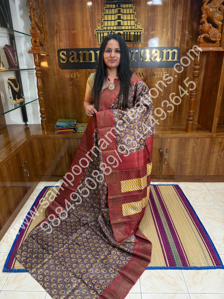 Grey with Brick red, Floral Handblock Printed , Pure Tussar Silk Saree